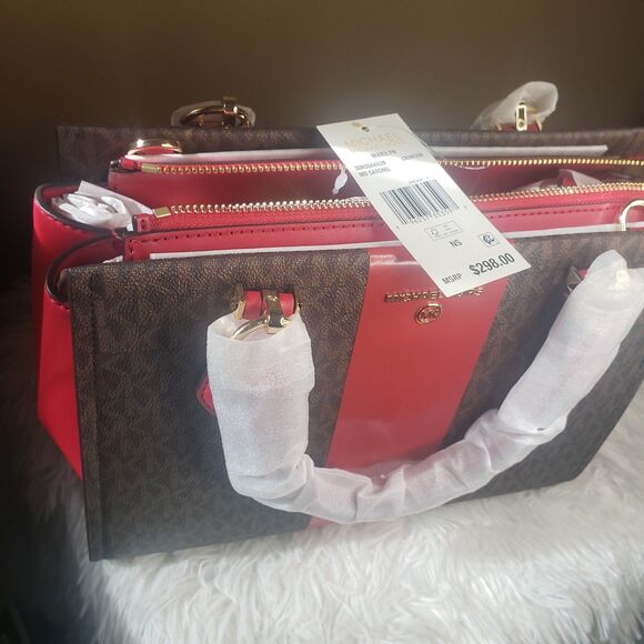 Michael Kors Marilyn Medium Satchel Crimson Red Handbag MK Logo Purse NWT - Picture 5 of 5